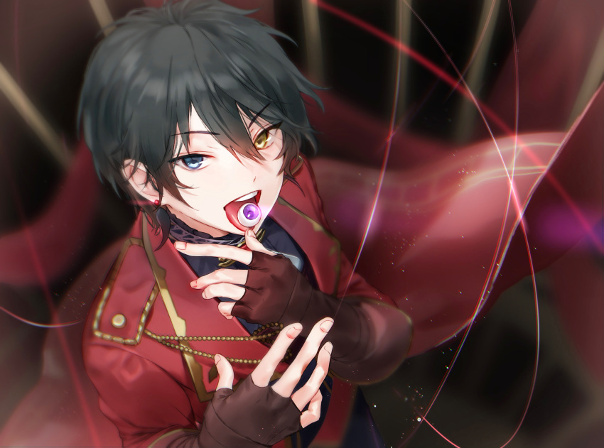 1boy black_shirt black_shorts blue_eyes brown_gloves cape earrings ensemble_stars! eyeball fingerless_gloves gloves heterochromia highres jacket jewelry kagehira_mika long_sleeves looking_at_viewer macciatto_(aciel02) male_focus purple_eyes red_cape red_jacket shirt shorts solo tongue tongue_out yellow_eyes