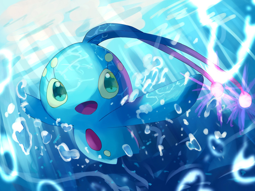 antennae blue_skin bubble chest_jewel colored_sclera colored_skin commentary_request green_eyes highres manaphy no_humans open_mouth pokemon pokemon_(creature) rongai28 sunlight underwater yellow_sclera