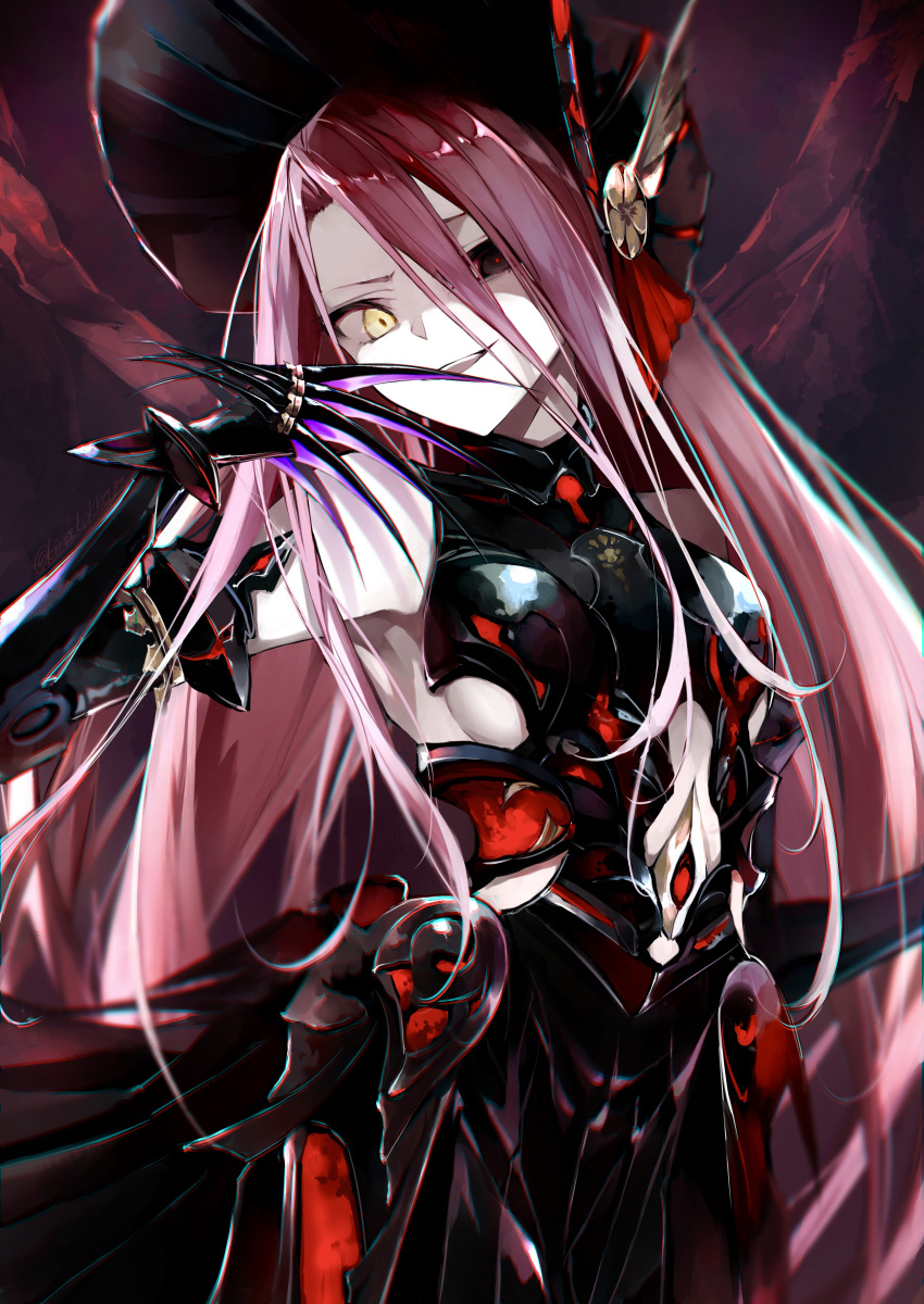 1girl absurdres armor armored_dress bare_shoulders black_armor black_dress black_headwear bonnet breasts claw_(weapon) claws dress fate/grand_order fate_(series) faulds grey_eyes hair_between_eyes heterochromia highres kino_kokko long_hair looking_at_viewer open_mouth red_hair small_breasts smile solo typhon_ephemeros_(fate) very_long_hair weapon yellow_eyes