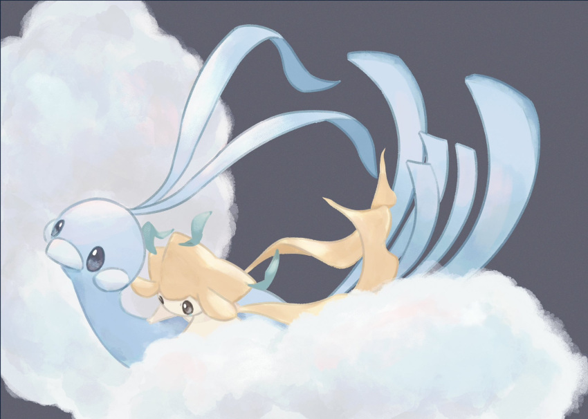 altaria beak bird_tail black_eyes blue_skin cloud colored_skin commentary_request facial_mark fireblast fluffy grey_background highres jirachi no_humans pokemon pokemon_(creature) simple_background tail tanzaku white_skin wings