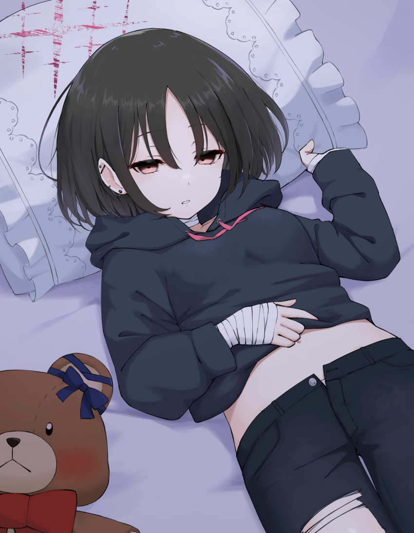 1girl absurdres black_hair black_hoodie black_pants blue_archive breasts halo highres hood hoodie long_sleeves misaki_(blue_archive) open_mouth pants pillow red_eyes red_halo shiroiurushi short_hair small_breasts solo stuffed_animal stuffed_toy teddy_bear torn_clothes torn_pants