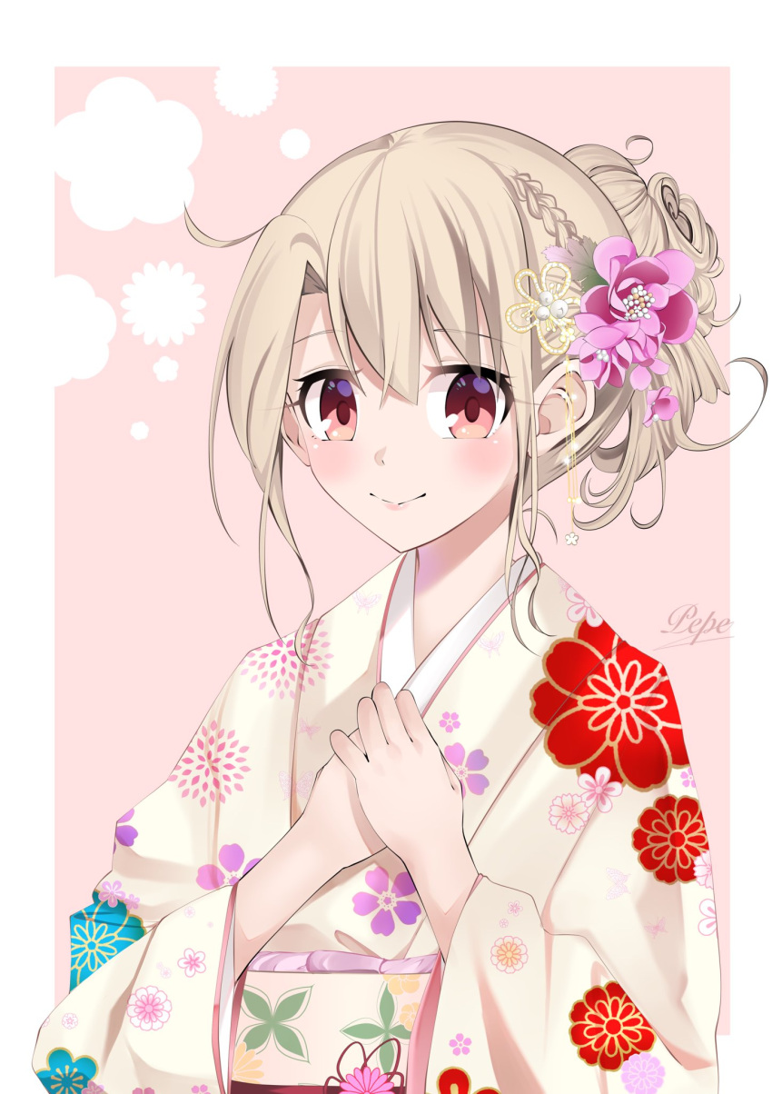 1girl blush breasts fate/kaleid_liner_prisma_illya fate_(series) floral_print flower hair_bun hair_flower hair_ornament highres illyasviel_von_einzbern japanese_clothes kimono long_hair long_sleeves looking_at_viewer pei_iriya red_eyes sash sidelocks single_hair_bun small_breasts solo white_hair white_kimono wide_sleeves