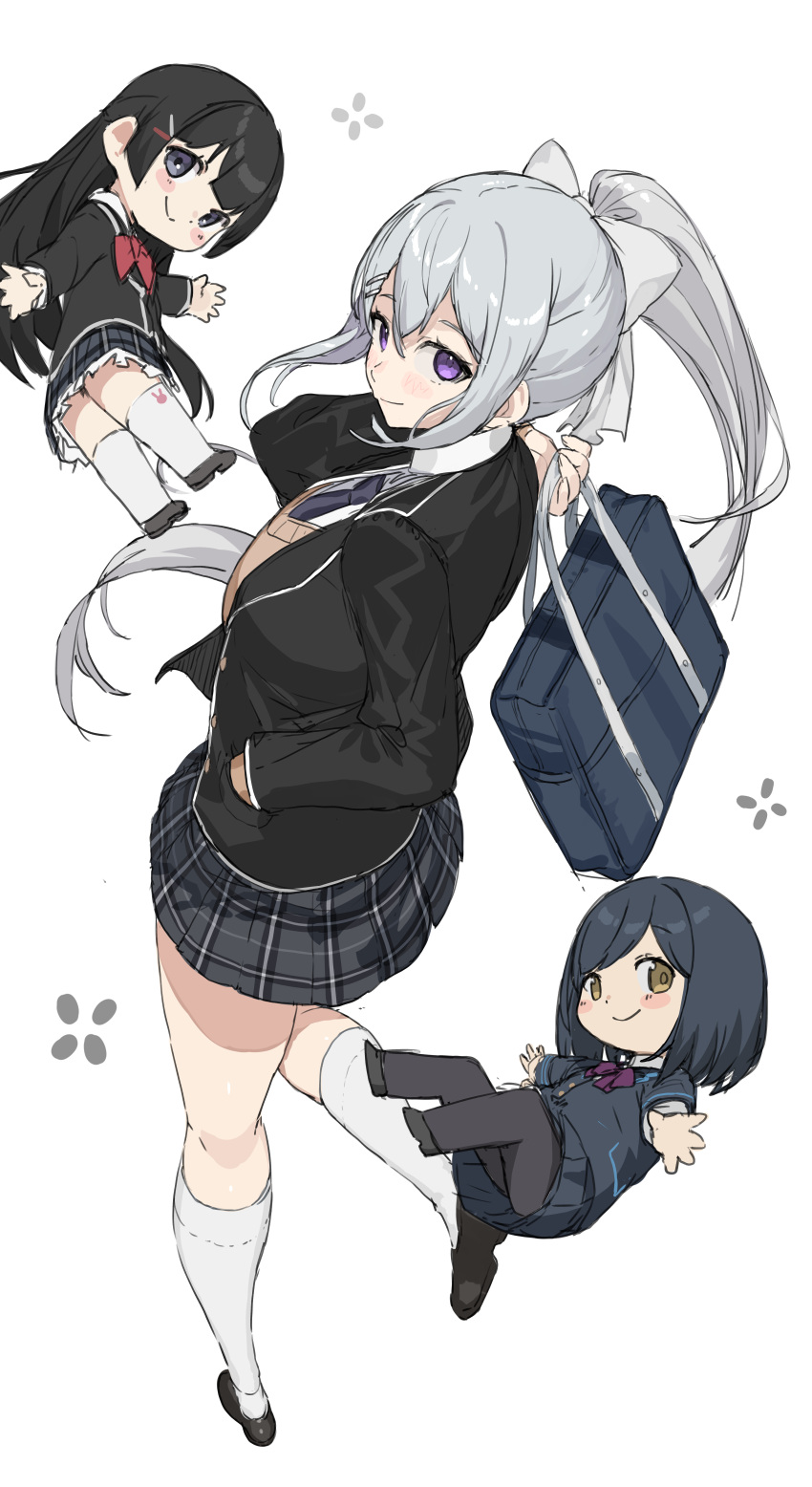 3girls absurdres bag black_footwear black_hair black_jacket black_pantyhose black_skirt blazer blush_stickers bow brown_eyes closed_mouth collared_shirt grey_hair grey_skirt hair_ornament hairclip hand_in_pocket hand_up highres higuchi_kaede holding holding_bag jacket kneehighs multiple_girls nijisanji pantyhose plaid plaid_skirt pleated_skirt ponytail purple_bow purple_eyes ranf school_bag school_uniform shirt shizuka_rin shoes simple_background skirt smile socks sweater_vest thighhighs tsukino_mito virtual_youtuber white_background white_shirt white_socks white_thighhighs