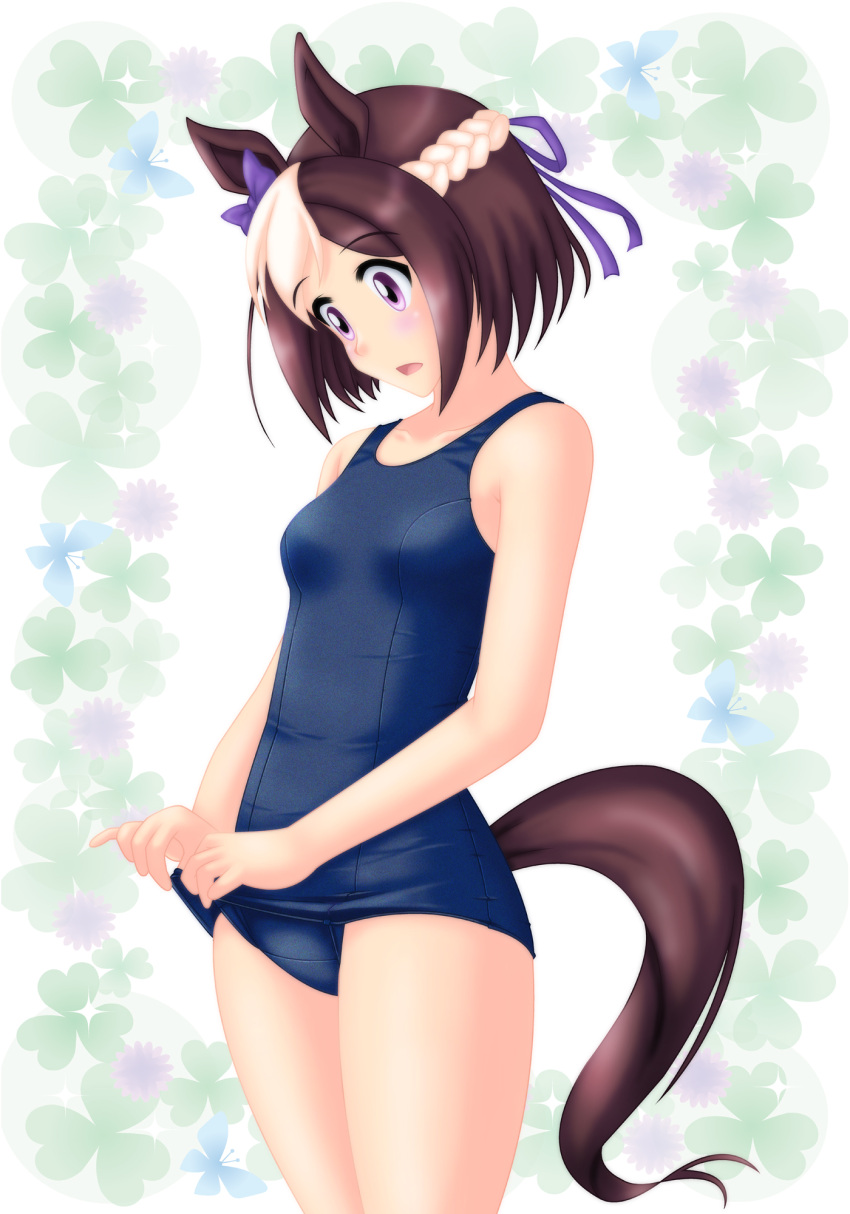 1girl animal_ears blue_one-piece_swimsuit braid breasts brown_hair cowboy_shot floral_print french_braid hair_ribbon highres horse_ears horse_girl horse_tail looking_down multicolored_hair neopure old_school_swimsuit one-piece_swimsuit purple_eyes ribbon school_swimsuit school_swimsuit_flap small_breasts solo special_week_(umamusume) standing swimsuit tail two-tone_hair umamusume