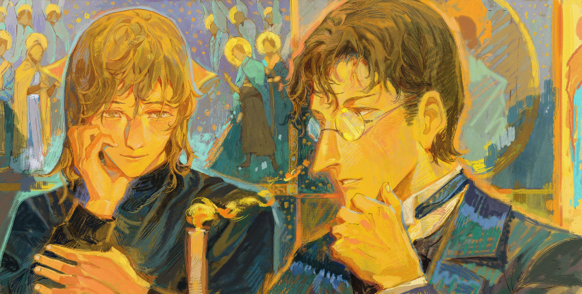 2boys absurdres alexei_karamazov black_robe black_suit brothers brown_hair candle glasses hand_on_own_chin head_rest highres holding_own_arm icon_(religion) ivan_karamazov long_hair long_nose looking_at_another male_focus multiple_boys portrait religion robe short_hair siblings smile suit sutekooooo talking the_karamazov_brothers