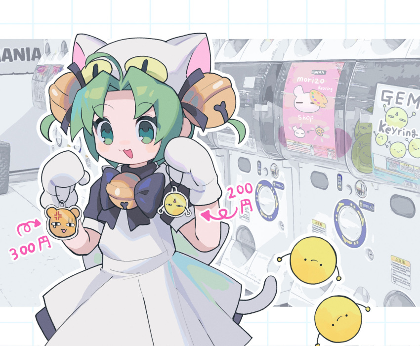 1girl :3 :d animal_hat apron bell blue_eyes bow bowtie cat_hat cat_tail dejiko di_gi_charat dress gashapon gema green_eyes green_hair hair_intakes hands_up hat highres jingle_bell mittens morizo_(morizoshop) multicolored_eyes open_mouth puffy_short_sleeves puffy_sleeves purple_bow purple_bowtie purple_dress short_hair short_sleeves smile solo tail white_apron white_headwear white_mittens white_tail