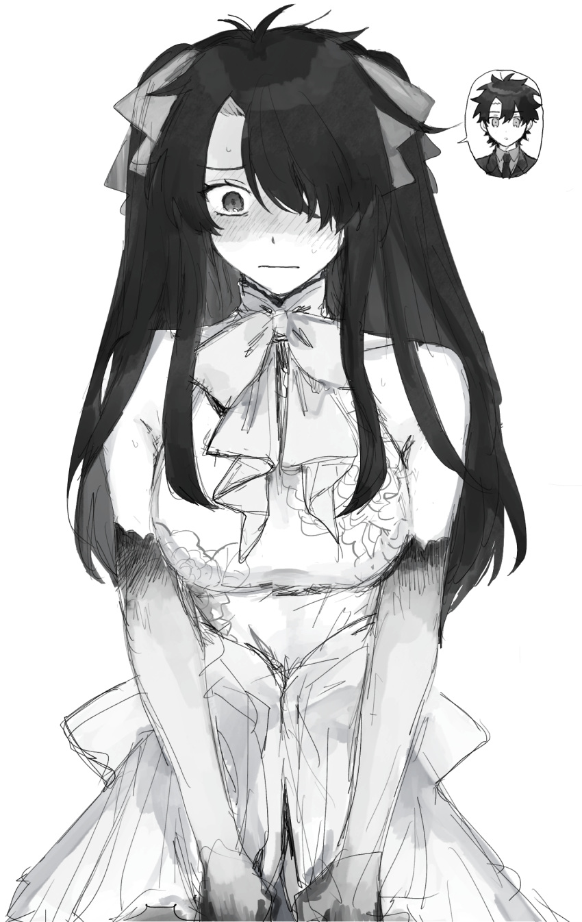 1boy averting_eyes blush bow bowtie breast_padding closed_mouth cowboy_shot crossdressing dress elbow_gloves embarrassed facing_viewer fate/grand_order fate_(series) fujimaru_ritsuka_(male) gloves greyscale hair_over_one_eye hair_ribbon highres long_hair male_focus masuda_(pplnd) monochrome ribbon simple_background sketch solo speech_bubble spoken_character two_side_up