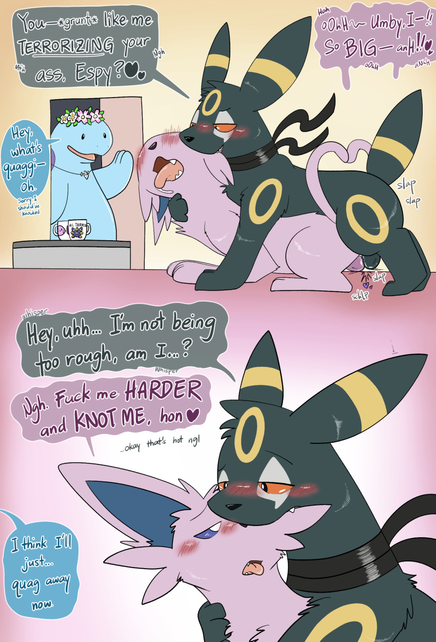 absurd_res bandanna_on_neck blue_body blue_scales blush dialogue dogs_in_love_(jelloapocalypse) duo eeveelution english_text espeon espeon_(dogs_in_love) feral feral_on_feral generation_2_pokemon hi_res interspecies male male/male nakadashimashta nintendo on_top pokemon pokemon_(species) quagsire scales sex talking_feral text umbreon umbreon_(dogs_in_love) walk-in