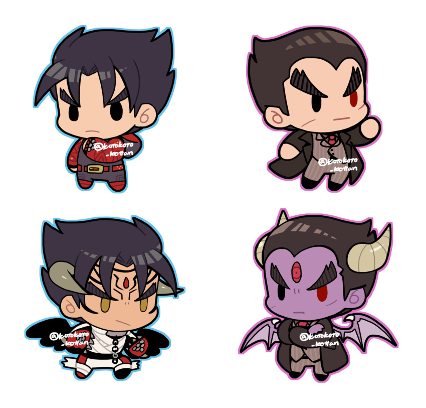 4boys bandages black_coat black_hair black_wings blue_outline chain chibi coat colored_skin crossed_arms devil_jin facial_mark forehead_jewel full_body gloves grey_horns grey_jacket grey_pants highres horns jacket kazama_jin kotorai mishima_kazuya multiple_boys no_nose outline pants pink_outline purple_skin purple_wings red_eyes red_gloves solid_oval_eyes studded_gloves tekken thick_eyebrows third_eye twitter_username v-shaped_eyebrows white_background wings yellow_eyes