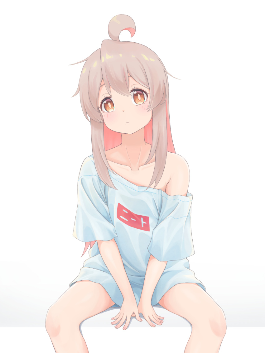 1girl ahoge bare_legs between_legs brown_eyes clothes_writing collarbone colored_inner_hair commentary feet_out_of_frame grey_hair hair_between_eyes hand_between_legs head_tilt highres k-d light_blush long_hair multicolored_hair no_pants off_shoulder onii-chan_wa_oshimai! oversized_clothes oversized_shirt oyama_mahiro pink_hair shirt short_sleeves simple_background single_bare_shoulder sitting solo t-shirt two-tone_hair white_background white_shirt