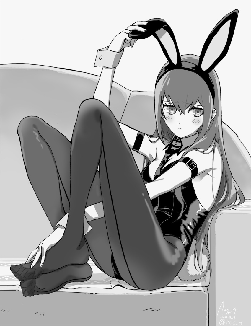 1girl animal_ears arm_strap arm_up between_legs blush buckle couch detached_collar fake_animal_ears full_body greyscale hair_between_eyes hairband hand_between_legs highres leotard long_hair looking_at_viewer makise_kurisu monochrome necktie pantyhose playboy_bunny rabbit_ears rocni sitting solo steins;gate straight_hair strapless strapless_leotard thighband_pantyhose very_long_hair wing_collar wrist_cuffs