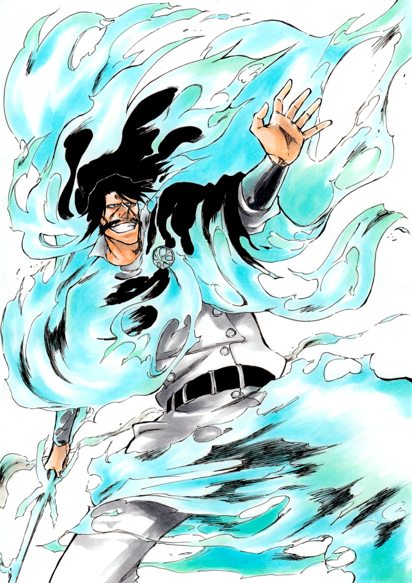 1boy bankai belt black_belt black_cape black_hair bleach bleach:_sennen_kessen-hen blue_fire cape commentary_request facial_hair feet_out_of_frame fire floating_hair grin hand_up highres holding holding_sword holding_weapon jacket ken'ichi_(ken1ro_u) long_hair looking_afar male_focus mustache official_style old old_man open_hand outstretched_arm pants simple_background smile solo sword wandenreich weapon white_background white_jacket white_pants yhwach zanka_no_tachi_(bankai)