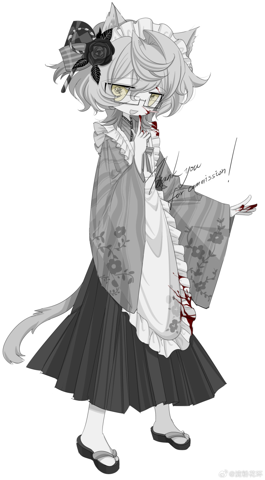 1girl absurdres animal_ears apron black_flower black_rose blood blood_on_cheek blood_on_clothes blood_on_face blood_on_hands cat_ears cat_girl cat_tail commission flower frilled_apron frills full_body glasses grey_hair hair_flower hair_ornament highres maid_apron maid_headdress meyou_0319 monochrome open_mouth original rose slippers smile solo standing tail yellow_eyes