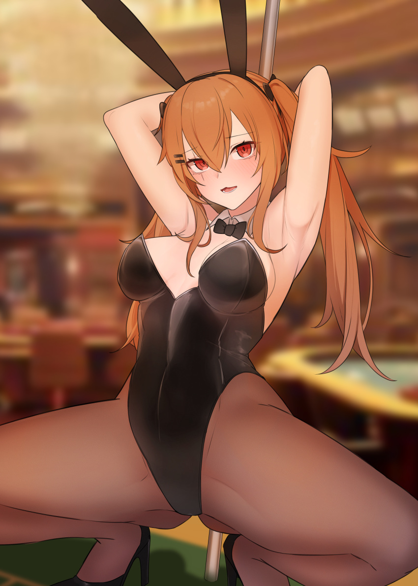 1girl absurdres animal_ears armpits arms_behind_head black_bow black_bowtie black_footwear blurry blurry_background blush bow bowtie breasts brown_hair detached_collar girls'_frontline hair_between_eyes hair_ornament hairpin hands_up high_heels highres looking_at_viewer lower_teeth_only orange_eyes pantyhose parted_lips playboy_bunny pole rabbit_ears re1kirisaki342 scar scar_across_eye scar_on_face solo spread_legs squatting teeth twintails ump9_(girls'_frontline)