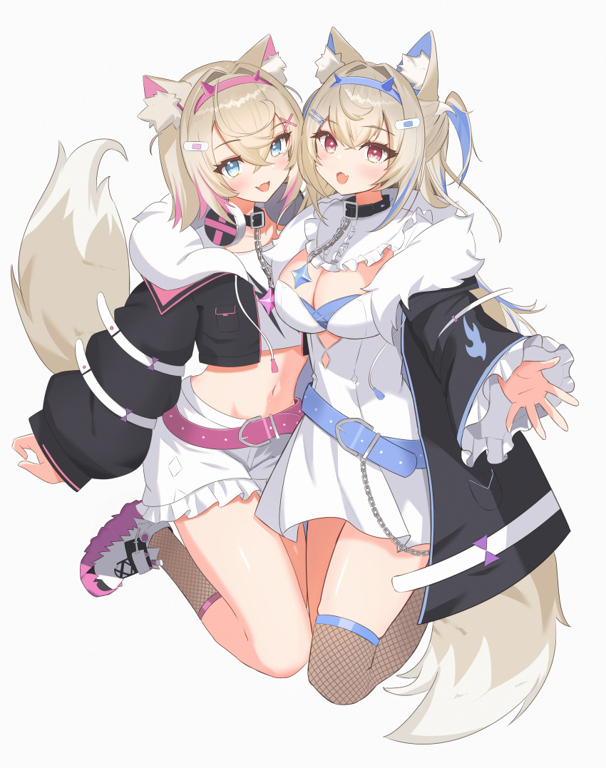 2girls absurdres animal_ear_fluff animal_ears bandaid bandaid_hair_ornament belt belt_collar black_collar blonde_hair blue_eyes blue_hair breasts collar colored_inner_animal_ears dog_ears dog_girl dog_tail fur-trimmed_jacket fur_trim fuwawa_abyssgard hair_ornament headband headphones headphones_around_neck highres hololive hololive_english jacket long_hair looking_at_viewer medium_breasts mococo_abyssgard multicolored_hair multiple_girls open_mouth pink_belt pink_eyes pink_hair pink_headband sasaki_ikuya siblings simple_background sisters smile streaked_hair tail twins virtual_youtuber white_background x_hair_ornament