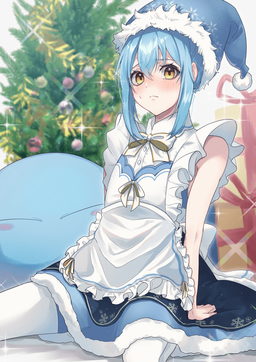 1other absurdres androgynous apron back_bow bare_arms blue_hair blue_headwear blue_skirt blush bow bowtie chocoeiru christmas_tree closed_mouth dress_shirt frilled_apron frills frown fur-trimmed_headwear fur-trimmed_skirt fur_trim hat highres leaning_back miniskirt pantyhose ribbon rimuru_tempest santa_costume santa_hat shirt short_hair_with_long_locks sidelocks sitting skirt slime_(creature) sweatdrop tensei_shitara_slime_datta_ken waist_apron wariza white_apron white_bow white_bowtie white_pantyhose white_ribbon white_shirt yellow_eyes