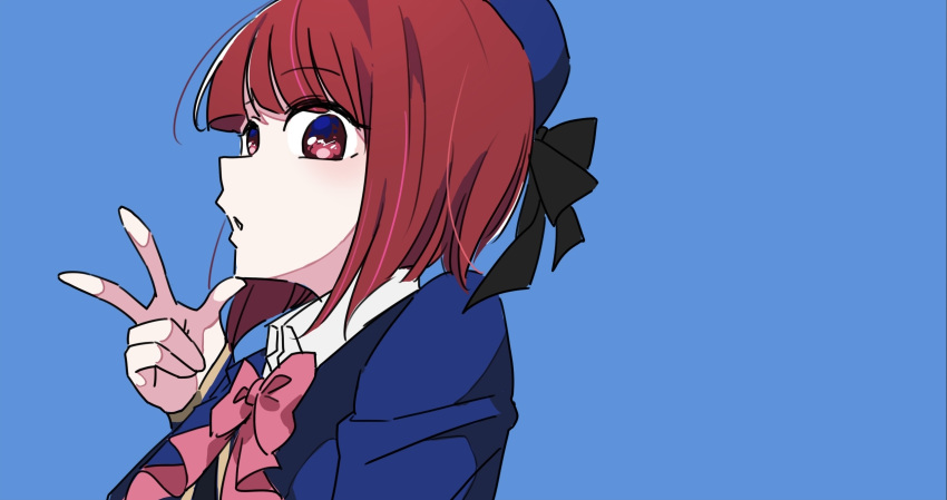 1girl arima_kana beret black_bow blue_background blue_headwear blue_jacket bob_cut bow bowtie chinese_commentary collared_shirt commentary_request dress_shirt hand_up hat hat_bow highres idol_(yoasobi) inverted_bob jacket long_sleeves no_pupils open_mouth oshi_no_ko pink_bow pink_bowtie red_eyes red_hair school_uniform shirt shuoruoranxing simple_background sleeves_past_wrists solo w white_shirt yoasobi youtou_high_school_uniform