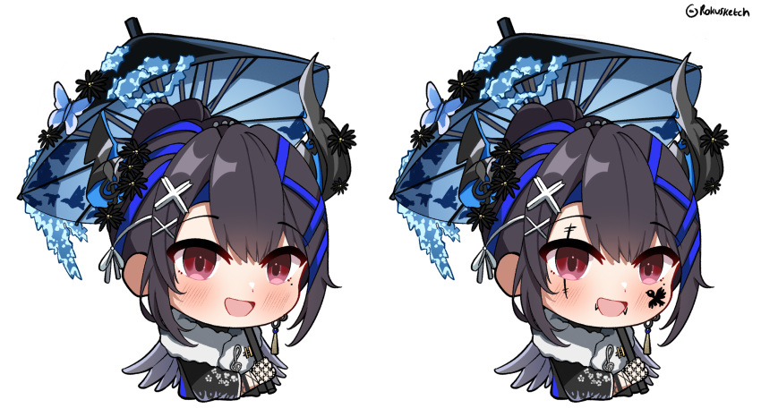 1girl asymmetrical_horns black_hair black_kimono blue_hair blue_umbrella blush chibi colored_inner_hair crystal_horn demon_horns hair_ornament hanetsuki highres hololive hololive_english horn_flower horns japanese_clothes kimono looking_at_viewer mole mole_under_eye multicolored_hair nerissa_ravencroft nerissa_ravencroft_(new_year) official_alternate_costume official_alternate_hairstyle red_eyes rokusketch solo umbrella uneven_horns virtual_youtuber