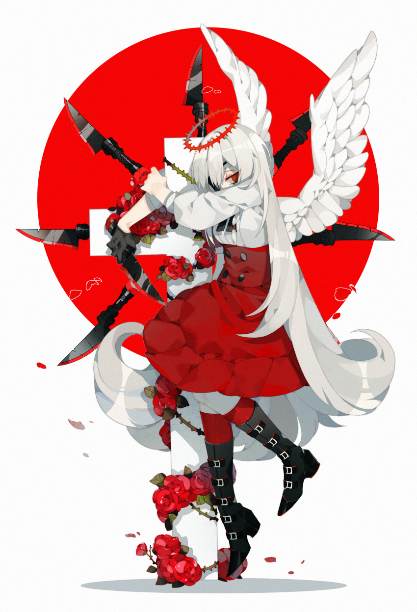 1girl angel angel_wings arms_up black_footwear black_gloves boots covered_mouth cross eyepatch feathered_wings flower flying frilled_skirt frills full_body gloves hair_between_eyes half_gloves halo high-waist_skirt highres holding holding_knife holding_weapon knee_boots kneehighs knife latin_cross leaf long_hair looking_at_viewer one_eye_covered original petals plant red_background red_eyes red_flower red_halo red_rose red_skirt red_socks rose single_glove skirt sleeves_past_elbows socks solo somalia spiked_halo sweater very_long_hair vines weapon white_background white_hair white_sweater white_wings wings
