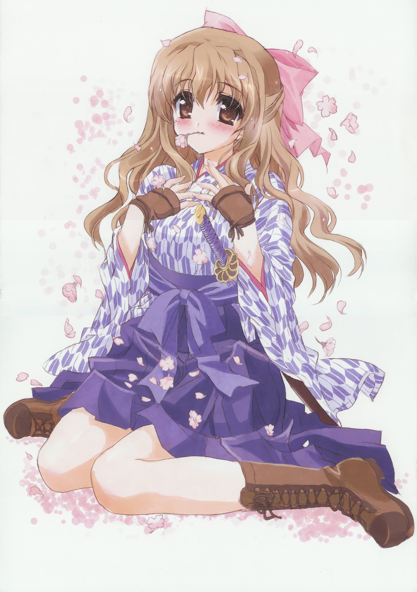 absurdres bashamichi blush boots brown_eyes brown_hair cherry_blossoms flower hakama highres japanese_clothes long_hair meiji_schoolgirl_uniform mouth_hold nogizaka_haruka nogizaka_haruka_no_himitsu petals purple_hakama scan scan_artifacts shaa sheath sheathed solo sword thighs weapon yagasuri