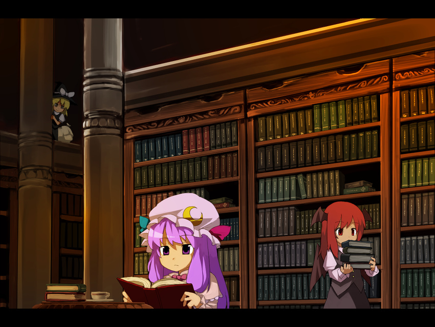 blonde_hair book bookshelf carrying crescent cup hat head_wings hiding kirisame_marisa kitsune_(kazenouta) koakuma letterboxed library multiple_girls patchouli_knowledge purple_hair reading red_hair teacup touhou voile wallpaper wings witch_hat