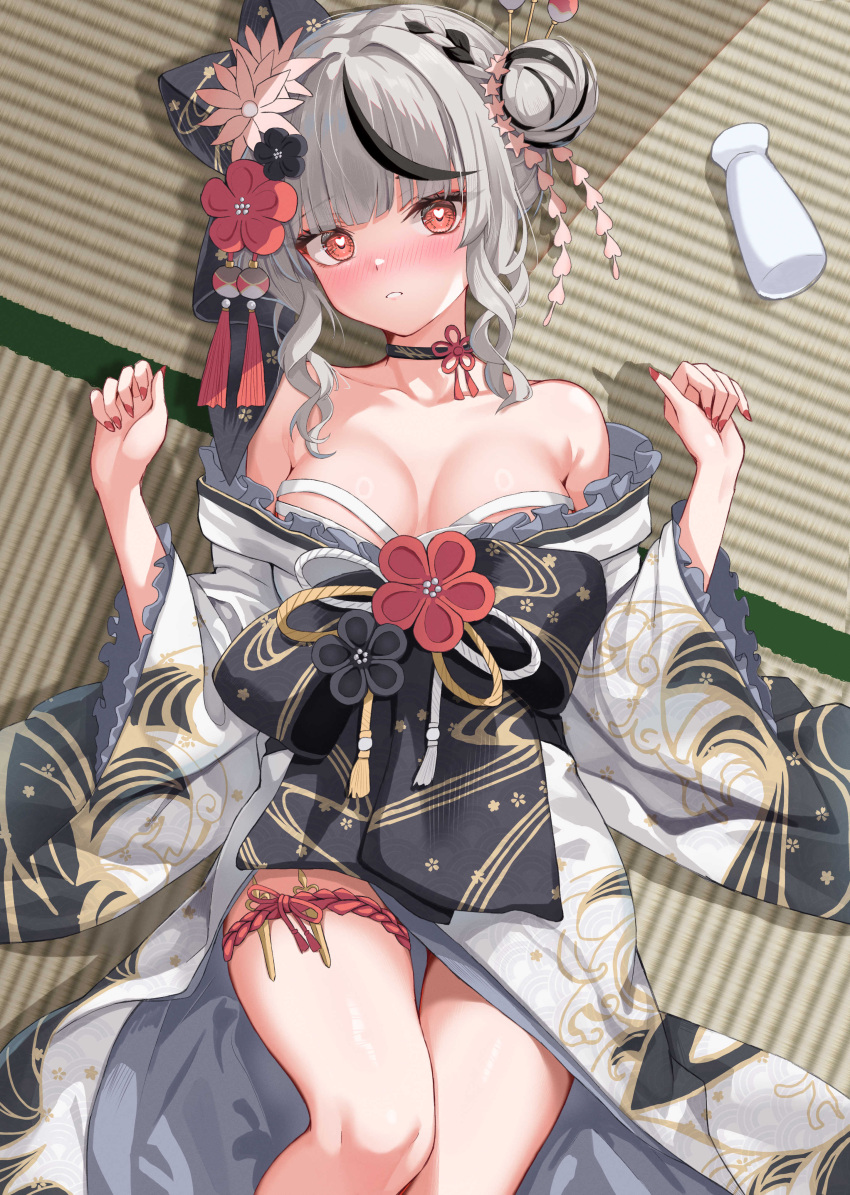 1girl absurdres black_choker black_hair braid breasts choker cleavage flower grey_hair hair_bun hair_ornament heart heart-shaped_pupils highres hololive indoors japanese_clothes kimono looking_at_viewer medium_breasts multicolored_hair obi off_shoulder official_alternate_costume oniku_(o29sukizero) print_kimono red_eyes red_nails sakamata_chloe sakamata_chloe_(new_year) sash solo streaked_hair symbol-shaped_pupils thigh_strap two-tone_hair two-tone_kimono virtual_youtuber wide_sleeves