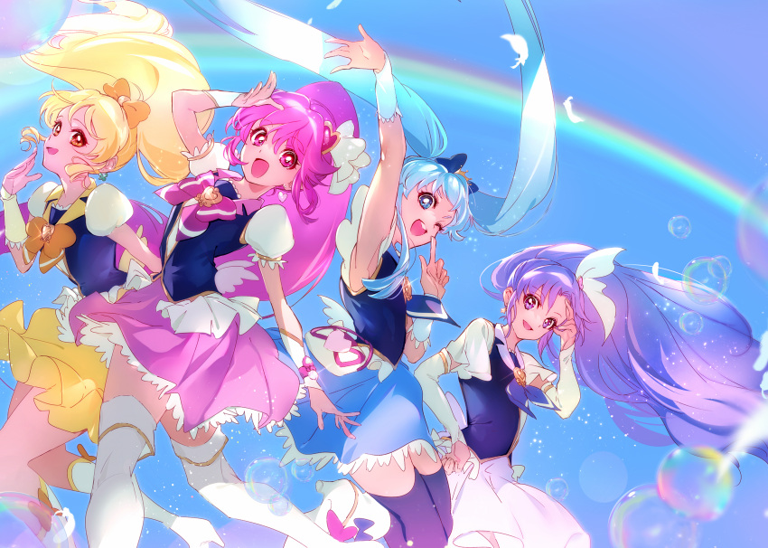 4girls :d ;d aino_megumi arm_up armpits black_vest blonde_hair blue_bow blue_eyes blue_hair blue_skirt bow brown_eyes cure_fortune cure_honey cure_lovely cure_princess floating_hair hair_between_eyes hair_bow happinesscharge_precure! highres hikawa_iona long_hair miniskirt multiple_girls one_eye_closed oomori_yuuko orange_bow pink_hair pink_skirt pleated_skirt precure purple_hair rainbow red_eyes shipu_(gassyumaron) shirayuki_hime short_sleeves skirt smile twintails very_long_hair vest white_skirt white_sleeves yellow_skirt