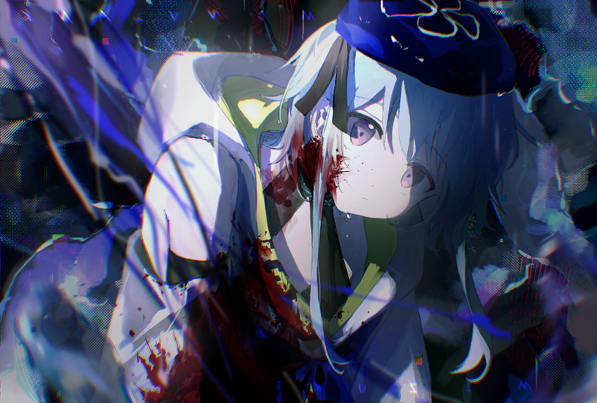 1boy abstract_background arknights beret black_background black_shirt blood blood_on_clothes blood_on_face blue_hair blue_headwear clothing_cutout commentary_request glitch hat highres hood hoodie infection_monitor_(arknights) leaning_forward light_blue_hair looking_at_viewer male_focus mizuki_(arknights) monv_ank purple_eyes shirt shoulder_cutout sidelocks smile solo squatting upper_body white_hoodie