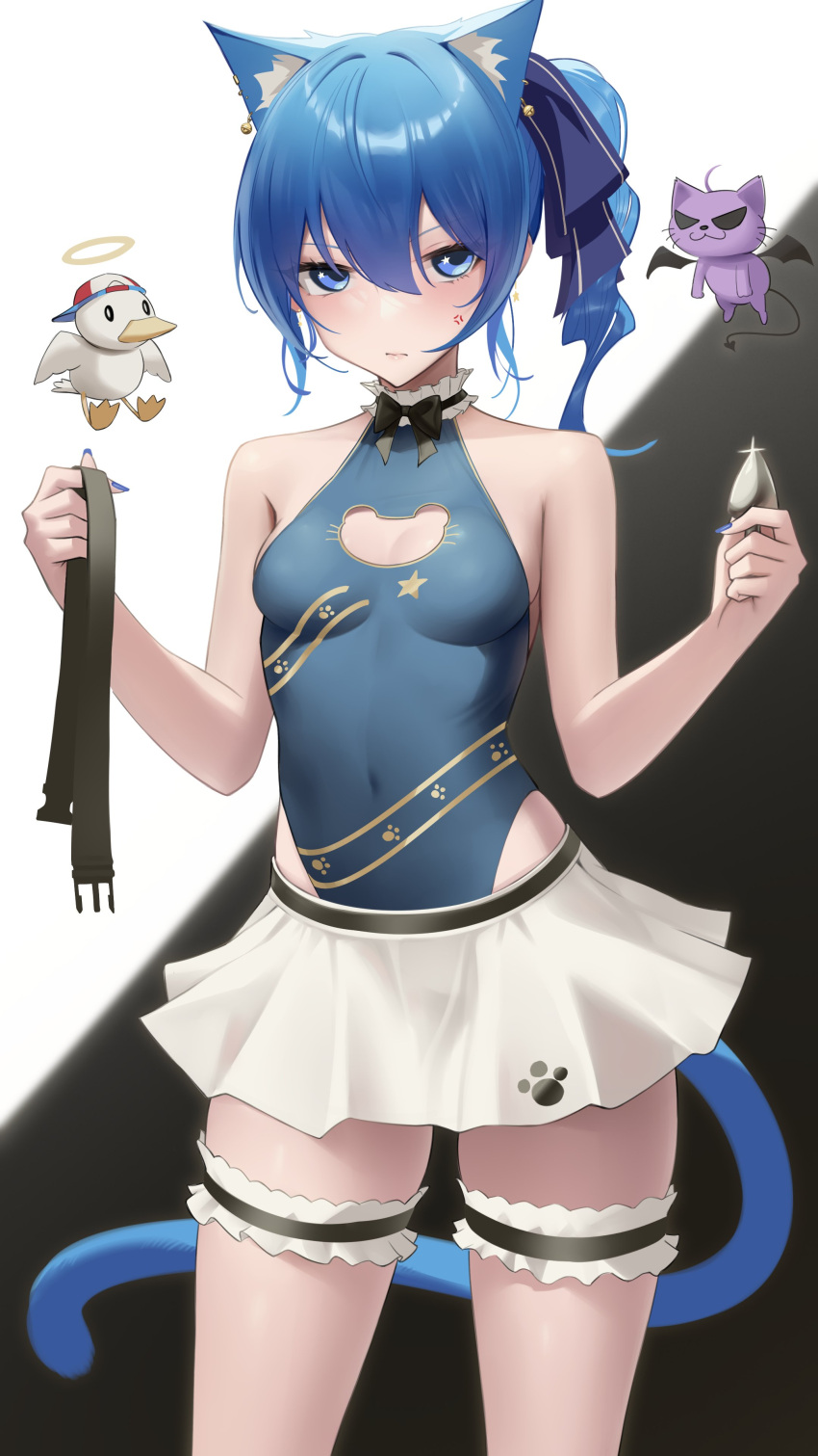 1girl absurdres alternate_costume anger_vein angry animal_ears bare_shoulders belt blue_eyes blue_hair blue_nails breasts butt_plug cat_ears cat_tail cleavage_cutout clothing_cutout covered_navel frills highres hololive hoshimachi_suisei kemonomimi_mode leotard nail_polish nekomata_okayu_(cat) sex_toy shoulder_angel shoulder_devil side_ponytail skirt small_breasts solo somebody_(leiking00) subaru_duck tail thigh_strap virtual_youtuber