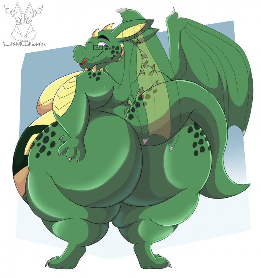anthro belly big_belly big_butt big_moobs butt claws degyn_sefer dragon eyewear girly glasses green_body hi_res lunarlillium male moobs morbidly_obese morbidly_obese_anthro obese obese_anthro overweight overweight_anthro scales scalie solo tail thick_tail thick_thighs toe_claws tongue wings yellow_belly