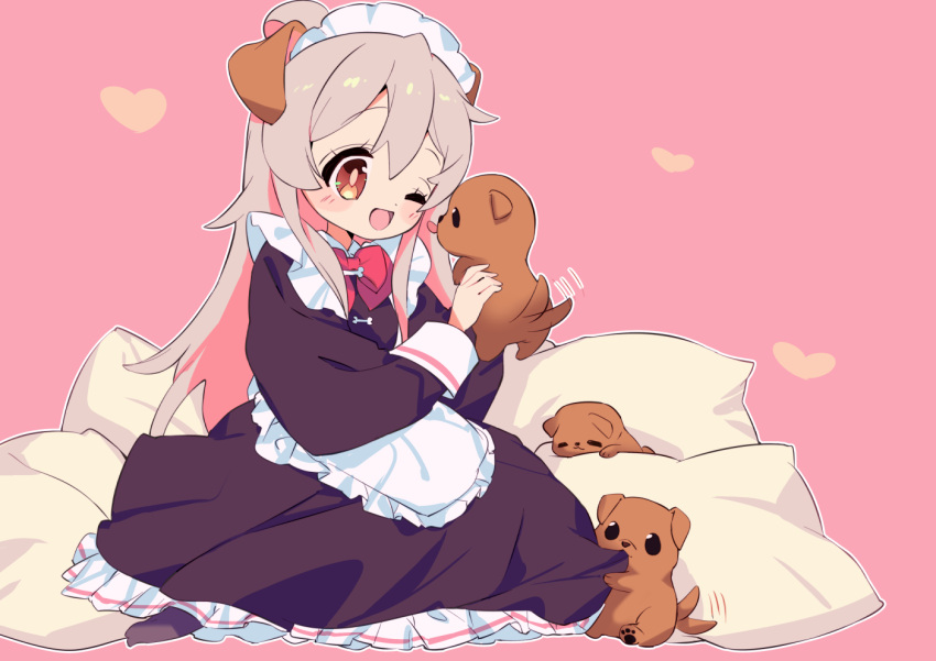 1girl ;d ahoge animal animal_ears apron bow bowtie brown_eyes colored_inner_hair commentary dog dog_ears full_body grey_hair heart holding holding_animal kemonomimi_mode maid maid_headdress motituki0 multicolored_hair one_eye_closed onii-chan_wa_oshimai! open_mouth outline oyama_mahiro pillow pink_background pink_hair puppy red_bow red_bowtie simple_background sitting smile solo tail tail_wagging tongue tongue_out two-tone_hair waist_apron white_outline