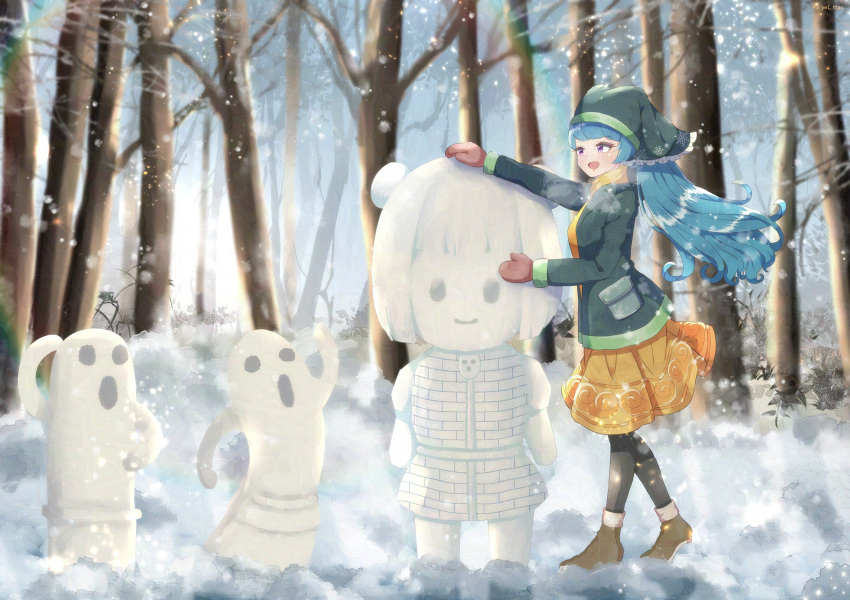 1girl absurdres bare_tree blue_hair cattleya_(a_yel_ttac) character_snowman dress green_headwear green_jacket haniwa_(statue) haniyasushin_keiki highres jacket joutouguu_mayumi mittens red_mittens snowflake_print snowing snowman solo touhou tree yellow_dress