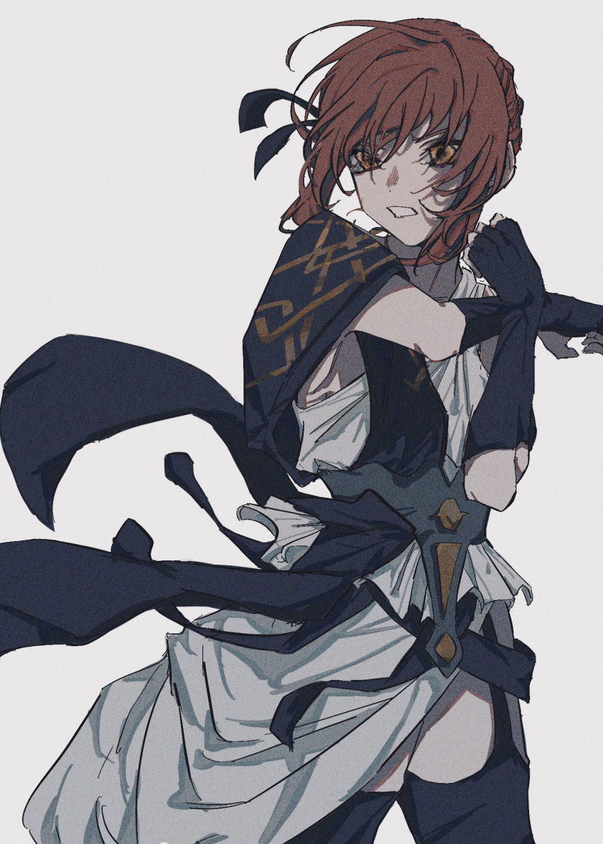 1girl ancient_greek_clothes black_gloves black_ribbon black_thighhighs clenched_teeth cowboy_shot fate/strange_fake fate_(series) fingerless_gloves garter_straps gloves greco-roman_clothes hair_ribbon highres hippolyta_(fate) looking_at_viewer orange_eyes red_hair ribbon sash sidelocks simple_background solo sosotemuyo stola stretching teeth thighhighs white_background