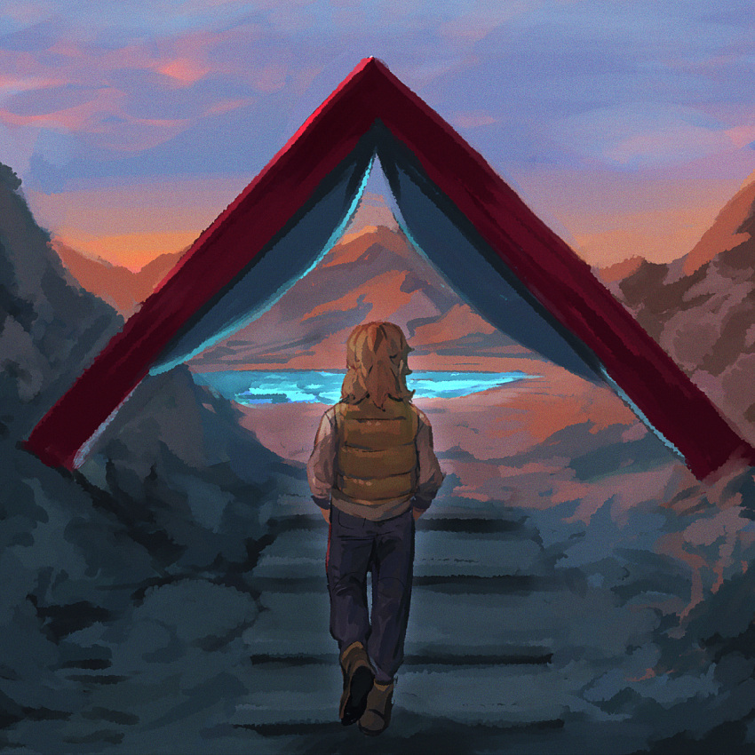 1boy arven_(pokemon) blonde_hair boots cloud commentary from_behind go-lurk highres male_focus medium_hair mountainous_horizon outdoors pants pokemon pokemon_sv shirt sky solo stairs standing twilight vest walking white_shirt yellow_vest