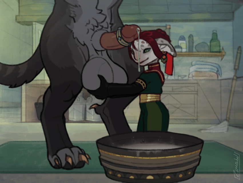 2d_animation accessory animated anthro asura ball_fondling balls basin big_balls black_body black_fur blush bodily_fluids charr claws cleaning_tool clothed clothed/nude clothed_female_nude_male clothing cock_ring cum cum_collecting dewclaw duo ear_piercing ear_ring ejaculation excessive_cum excessive_genital_fluids felid female fondling fur genital_fluids genitals gloves green_eyes green_sclera grey_balls grey_body grey_fur grey_skin guild_wars hair hair_accessory hair_ribbon handwear hi_res humanoid hyper hyper_cum jewelry larger_male latex latex_clothing latex_gloves latex_handwear leaking_precum looking_at_genitalia looking_at_penis male male/female mammal markings milkcan mop nude penile penis penis_accessory penis_jewelry penis_milking piercing pink_penis precum pubes red_hair ribbons ring_piercing rug size_difference smaller_female smile solo_focus spots spotted_markings tail tail_motion tailwag towel vibrating_cock_ring waist_down yellow_claws zimabel