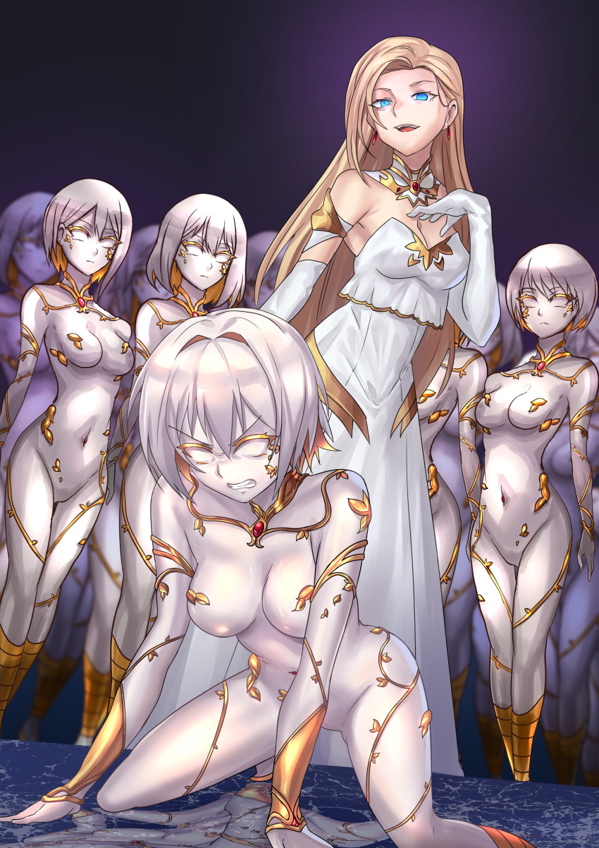 6+girls absurdres all_fours asymmetrical_hair blonde_hair blue_eyes breasts clenched_teeth colored_eyelashes colored_inner_hair colored_skin corruption dress elbow_gloves gloves gold_trim golem hand_on_own_chest highres ibenz009 long_hair medium_breasts monster_girl multicolored_hair multiple_girls navel original short_hair smug solid_eyes standing teeth transformation two-tone_hair vambraces variant_set white_dress white_hair white_skin