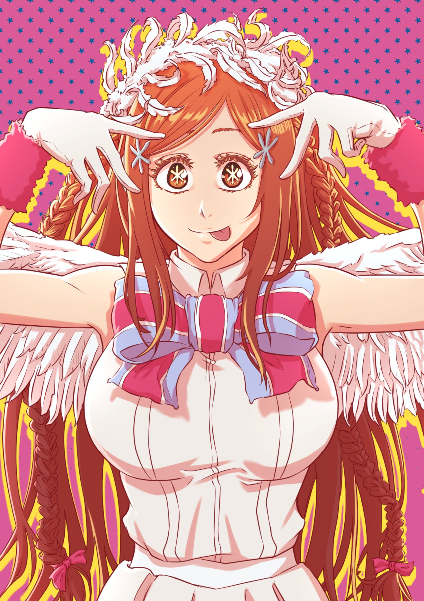 1girl :p absurdres arms_up bleach bow braid closed_mouth collared_shirt colored_eyelashes commentary drop_shadow english_commentary eyebrows_hidden_by_hair eyelashes hair_bow hair_ornament highres hoshino_ai's_pose inoue_orihime latex long_hair looking_at_viewer oshi_no_ko parted_bangs pink_background pink_bow shirt sidelocks simple_background sleeveless sleeveless_shirt smile solo sonzhondaya star-shaped_pupils star_(symbol) star_hair_ornament starry_background symbol-shaped_pupils tongue tongue_out twin_braids upper_body very_long_hair white_hair white_shirt wide-eyed