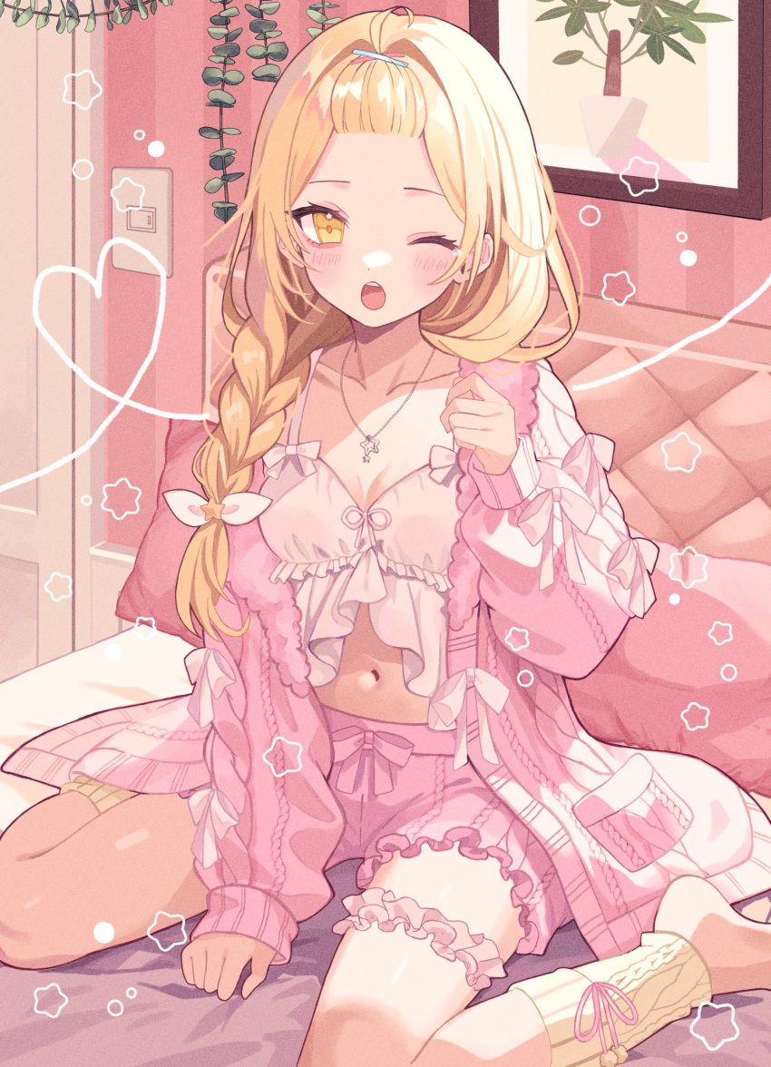 1girl ;o bangs_pinned_back bed_sheet blonde_hair blush braid breasts camisole collarbone cropped_legs forehead frilled_camisole frilled_shorts frills hand_up hashtag_only_commentary highres hoshikawa_sara hoshikawa_sara_(7th_costume) jacket long_hair long_sleeves looking_at_viewer medium_breasts midriff navel nijisanji official_alternate_costume official_alternate_hairstyle on_bed one_eye_closed open_mouth pink_jacket pink_shorts puffy_long_sleeves puffy_sleeves short_shorts shorts single_braid sitting solo star_(symbol) toeless_legwear virtual_youtuber wariza white_camisole yellow_eyes yuzuriha_(nx_e78)