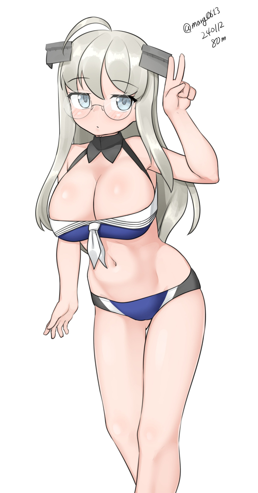 1girl absurdres ahoge ass_visible_through_thighs bare_shoulders bikini blue_bikini blush breasts cleavage closed_mouth commentary_request dated feet_out_of_frame glasses grey_eyes grey_hair hair_ornament heywood_l._edwards_(kancolle) highres kantai_collection large_breasts long_hair looking_at_viewer maru_(marg0613) navel one-hour_drawing_challenge simple_background solo swimsuit twitter_username v white_background