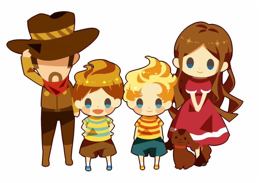 1girl 3boys adjusting_clothes adjusting_headwear arms_at_sides bandana bandana_around_neck belt blonde_hair blue_footwear blue_shorts blush_stickers boney brown_belt brown_hair brown_jacket brown_pants brown_shorts claus_(mother_3) closed_mouth cowboy_hat dress facial_hair family flint_(mother_3) hat hat_over_eyes hinawa hitofutarai jacket lucas_(mother_3) mother_(game) mother_3 multiple_boys mustache open_mouth orange_footwear pants red_bandana red_dress short_sleeves shorts sideburns smile solid_oval_eyes white_background