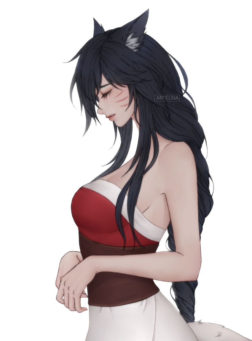 1girl absurdres ahri_(league_of_legends) animal_ears artelsia artist_name bare_arms bare_shoulders black_hair breasts closed_eyes facial_mark fox_ears fox_girl fox_tail from_side highres large_breasts league_of_legends long_hair off_shoulder simple_background solo tail tears whisker_markings white_background