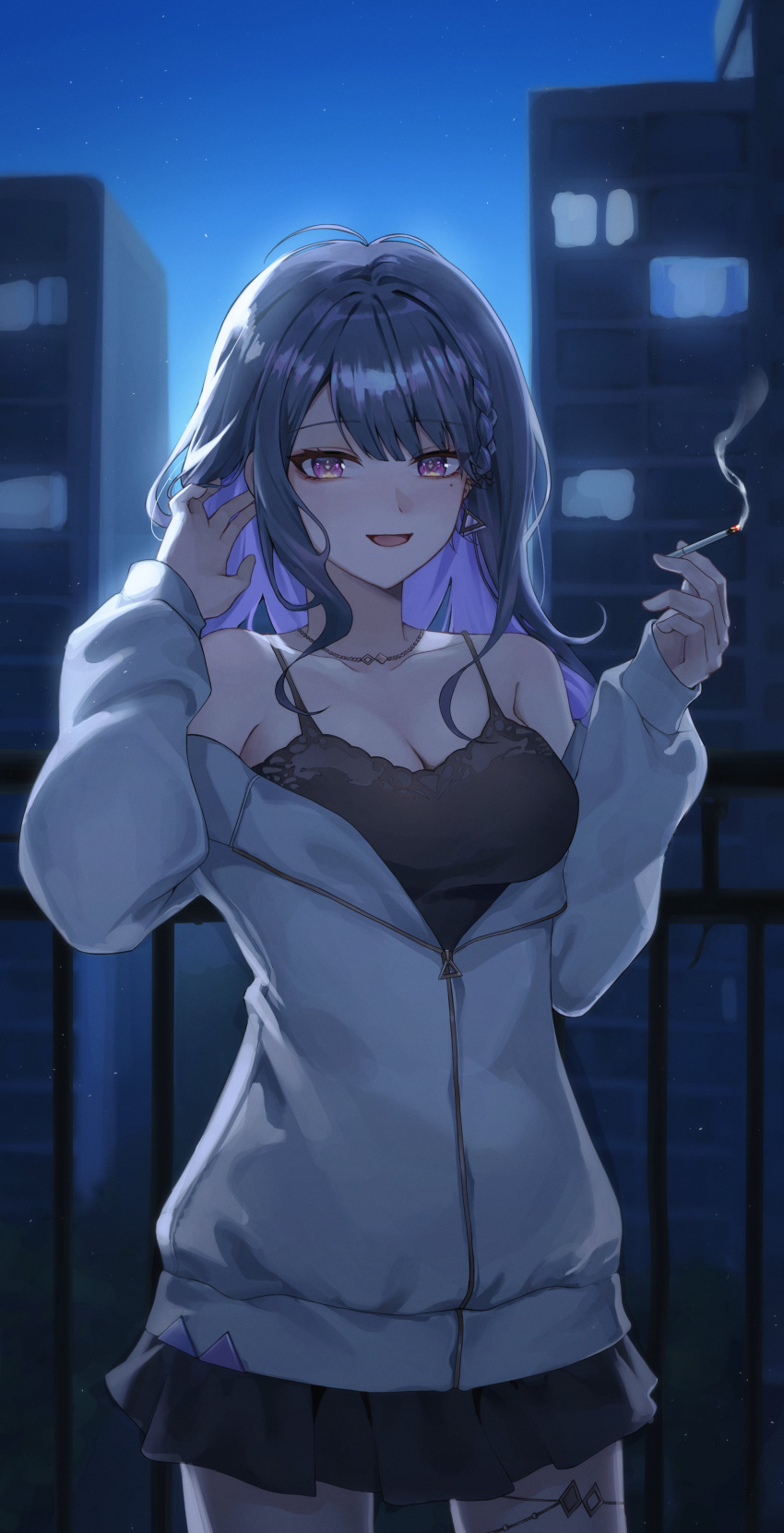 1girl absurdres black_camisole black_hair black_skirt breasts camisole cigarette cleavage colored_inner_hair earrings hashtag_only_commentary highres holding holding_cigarette jacket jewelry koshimizu_toru koshimizu_toru_(2nd_costume) large_breasts long_hair multicolored_hair nijisanji outdoors purple_eyes purple_hair skirt solo triangle_earrings virtual_youtuber white_jacket yukigumo_(qhdlwj)