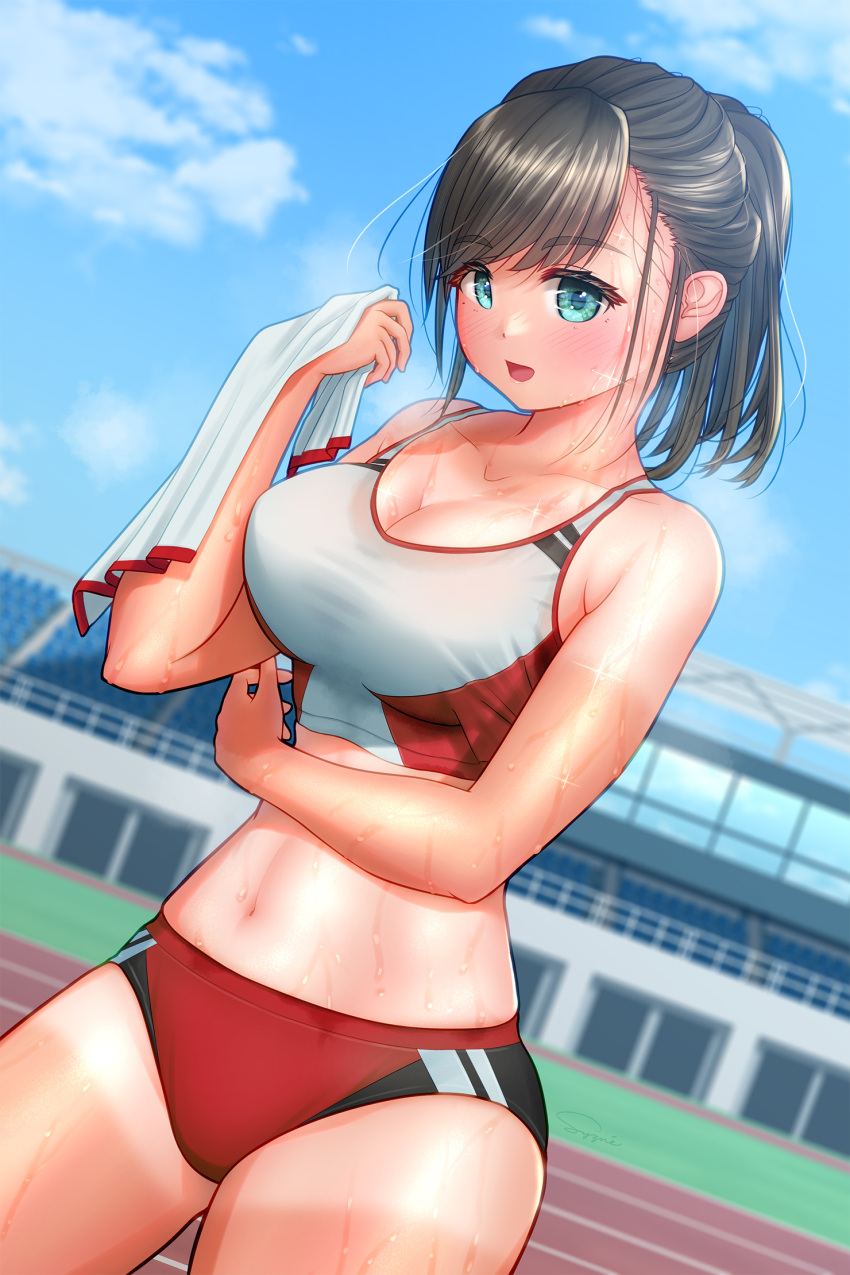 1girl aqua_eyes arm_under_breasts bleachers blue_sky blush breasts breath brown_hair building buruma check_commentary cleavage cloud collarbone commentary commentary_request day dutch_angle highres holding holding_towel large_breasts looking_at_viewer navel open_mouth original outdoors ponytail running_track shi_zu_ne sky solo sparkling_sweat sports_bikini sports_bra stomach sweat sweat_stain tan tanlines thighs towel track_and_field track_uniform very_sweaty