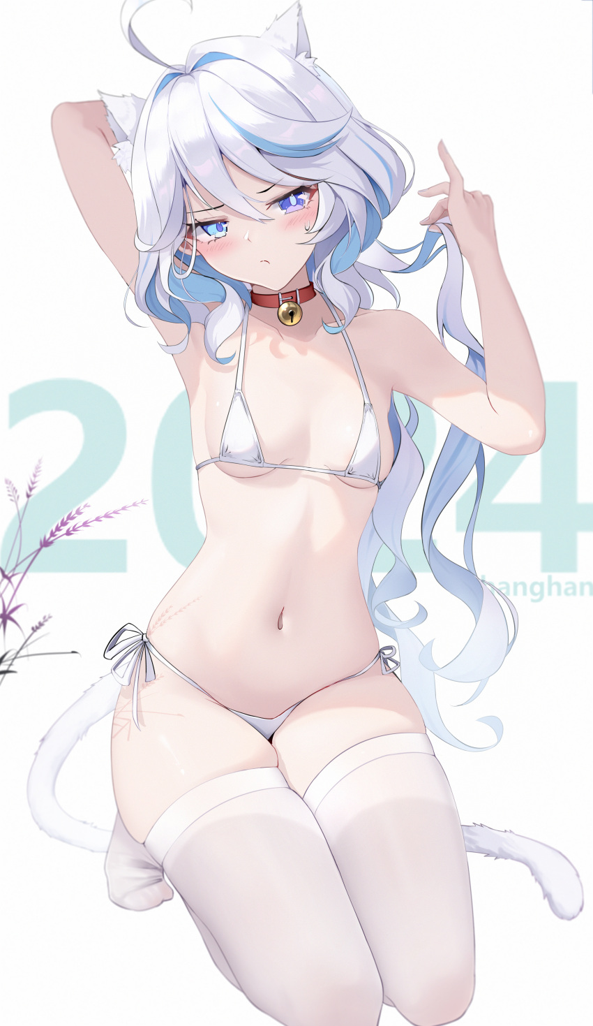 1girl 2024 absurdres ahoge animal_ears arm_behind_head bell bikini blue_eyes blue_hair blush breasts cat_ears cat_tail chinese_commentary closed_mouth collar commentary_request drop-shaped_pupils furina_(genshin_impact) genshin_impact hair_between_eyes hanghan heterochromia highres holding holding_hair kneeling long_hair looking_at_viewer micro_bikini mismatched_pupils multicolored_hair navel neck_bell red_collar small_breasts solo string_bikini sweat swimsuit tail thighhighs white_bikini white_hair white_thighhighs