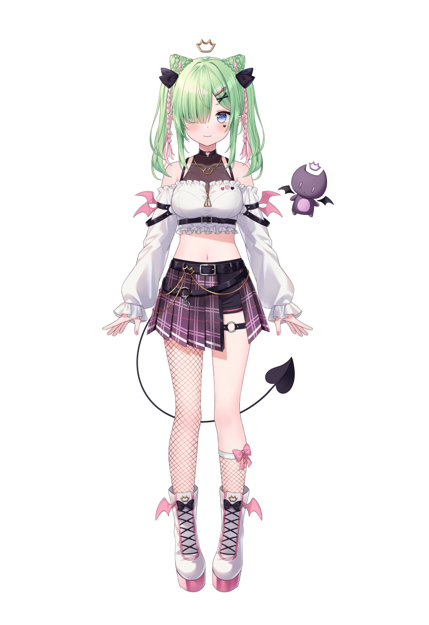 1girl absurdres airi_viridis asymmetrical_legwear bare_shoulders belt black_belt black_ribbon black_shorts blue_eyes blush bow braid breasts choker closed_mouth creature crown demon demon_tail demon_wings double_bun fishnets frilled_sleeves frills full_body green_hair hair_bun hair_over_one_eye hair_ribbon heart heart_choker heart_tattoo highres hitsukuya jewelry looking_at_viewer medium_breasts midriff navel necklace pink_bow pink_hair plaid plaid_skirt pleated_skirt pointy_ears purple_skirt ribbon shorts skirt sleeves_past_wrists smile tail tattoo twin_braids twintails v-dere virtual_youtuber white_footwear wings