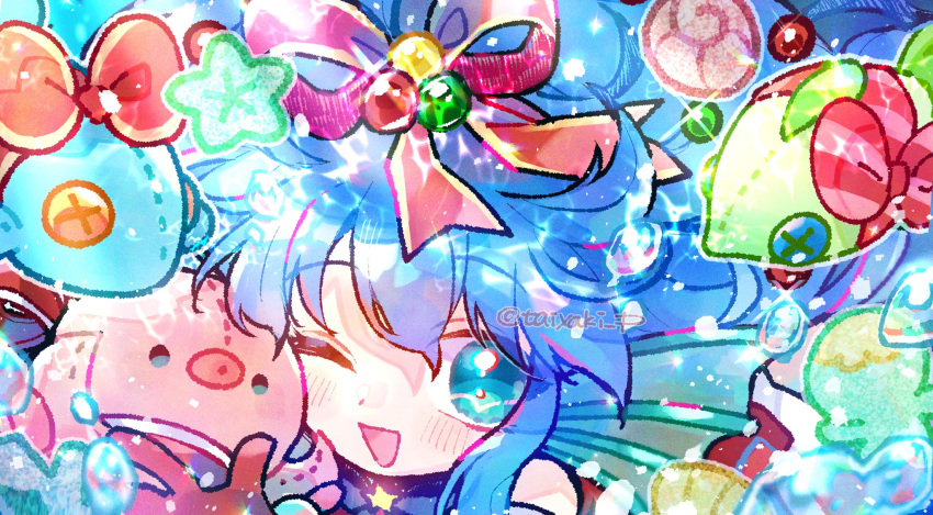 1girl blue_eyes blue_hair blush bubble doradorakingyo fins gloves hair_bobbles hair_ornament hair_ribbon head_fins highres holding holding_stuffed_toy open_mouth puyopuyo puyopuyo_quest red_gloves red_ribbon ribbon seashell serilly_(puyopuyo) shell solo stuffed_animal stuffed_fish stuffed_octopus stuffed_toy twitter_username