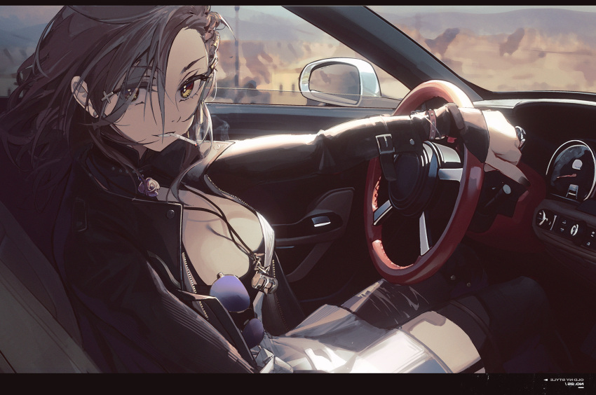 1girl arknights black_jacket black_nails blurry blurry_background breasts car car_interior car_seat chinese_commentary cigarette cleavage commentary dashboard dress drive_shot driving garter_straps hair_ornament hair_over_one_eye hairclip highres jacket jewelry large_breasts looking_at_viewer motor_vehicle necklace open_window penance_(arknights) revision ring smoke smoking solo speedometer steering_wheel thighhighs unworn_eyewear white_dress window yellow_eyes