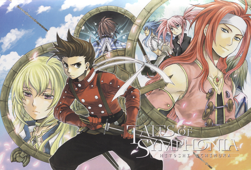 5boys absurdres blonde_hair blue_hair brown_eyes brown_hair cloud collet_brunel copyright_name day elbow_gloves everyone gloves headband highres hitoshi_ichimura kratos_aurion lloyd_irving long_hair mithos_yggdrasill multiple_boys multiple_girls pink_hair presea_combatir red_eyes red_hair red_shirt refill_sage regal_bryan shirt short_hair sky sword tales_of_(series) tales_of_symphonia twintails weapon zelos_wilder