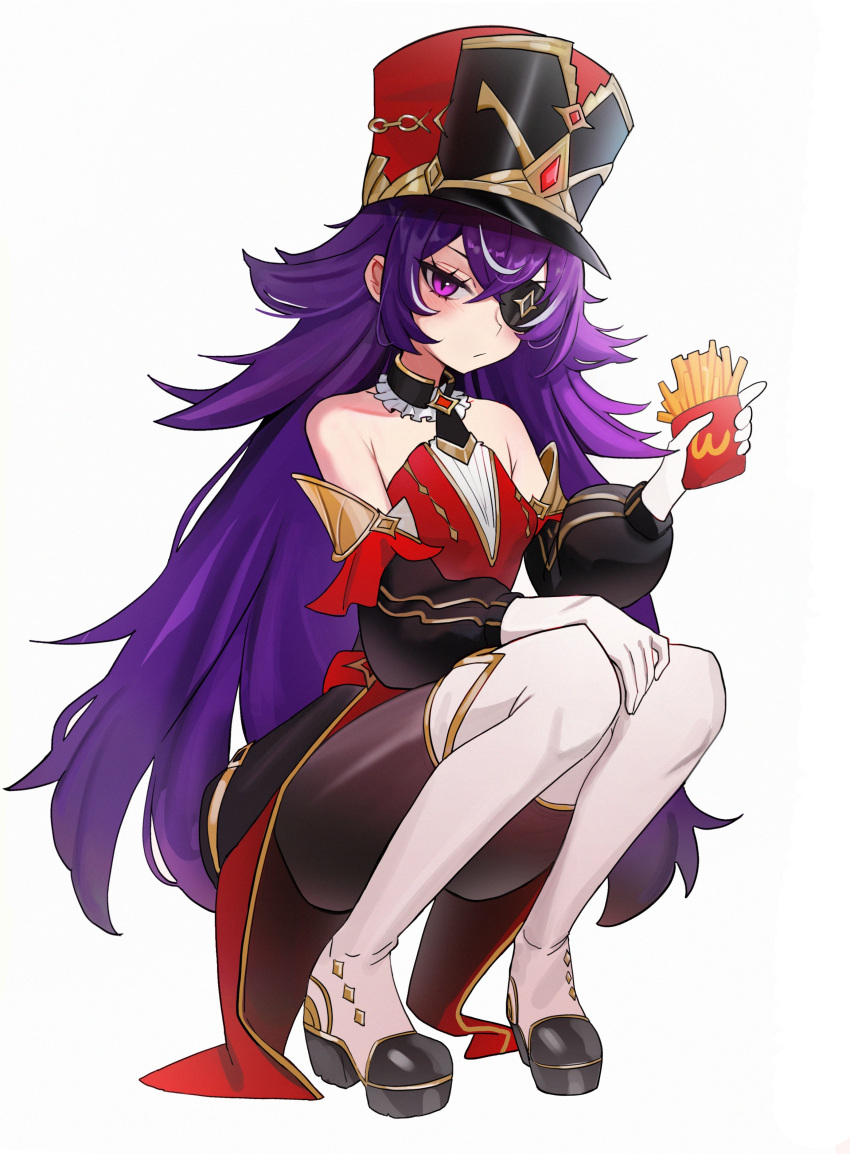 1girl absurdres bare_shoulders breasts bright_pupils chevreuse_(genshin_impact) commentary detached_sleeves dress earmuffs earmuffs_around_neck eyepatch food french_fries genshin_impact gloves hat highres kiritzugu long_hair mole mole_under_mouth multicolored_hair pointy_hair puffy_sleeves purple_eyes purple_hair red_dress revision shako_cap small_breasts solo streaked_hair two-tone_hair very_long_hair white_gloves white_hair white_pupils