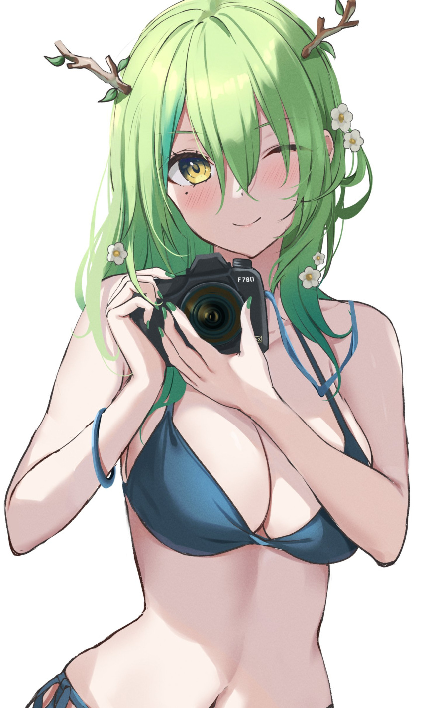 1girl absurdres alternate_costume antlers bikini blue_bikini blush breasts camera ceres_fauna flower green_hair green_nails hair_flower hair_ornament highres holding holding_camera hololive hololive_english large_breasts mole mole_under_eye navel one_eye_closed simple_background smile swimsuit udonpan upper_body white_background yellow_eyes